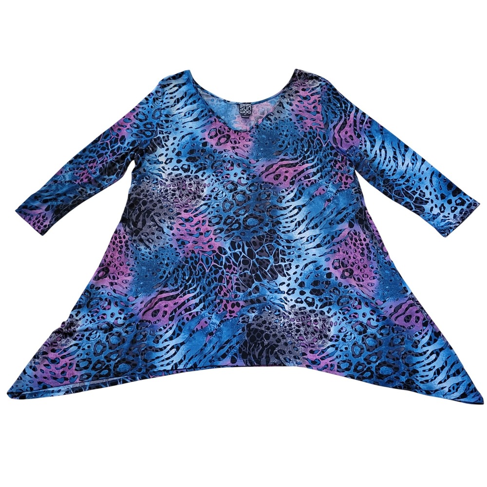 Clara Sun Woo XL Tunic Blue Animal Print Sharkbite Swing Top Liquid Knit Funky